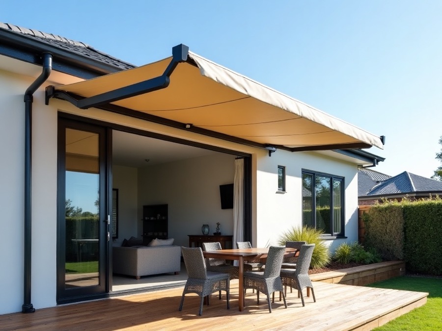 Full-cassette folding-arm awning extended over a deck, fabric and arms housed in a sleek cassette.
