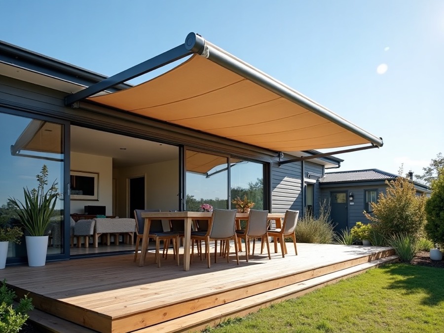 Open folding-arm awning with exposed arms and roller bar, extended over an outdoor dining area.