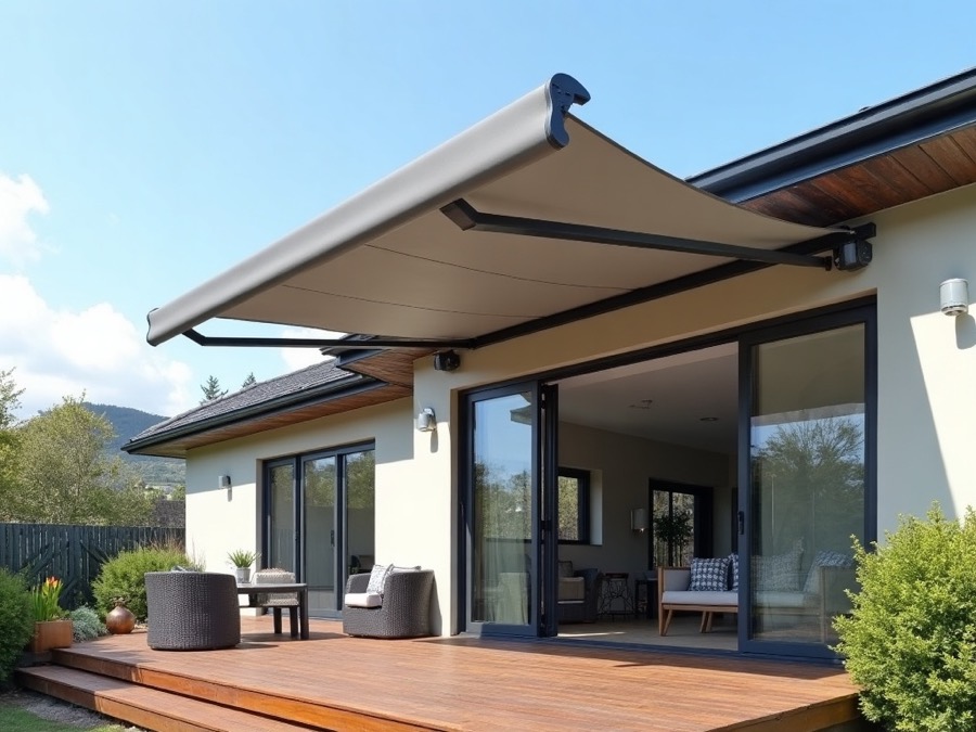Semi-cassette folding-arm awning extended over a patio, a hood sheltering the rolled fabric.