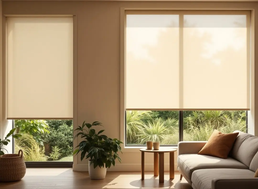 Living room with a cream light-filtering roller blind, glowing soft diffused daylight.