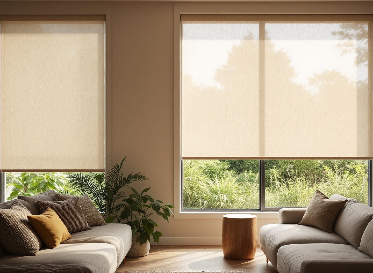 Living room with an oatmeal sunscreen roller blind — view softly visible, glare cut.