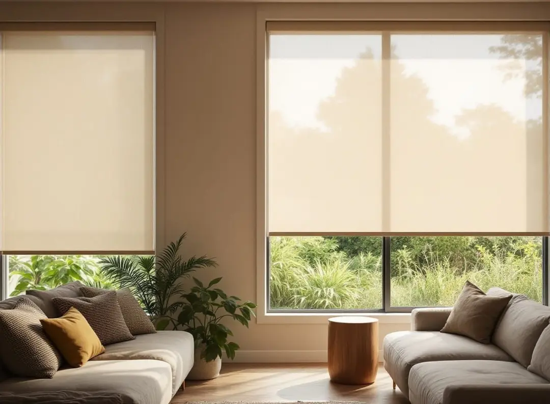 Living room with an oatmeal sunscreen roller blind — view softly visible, glare cut.
