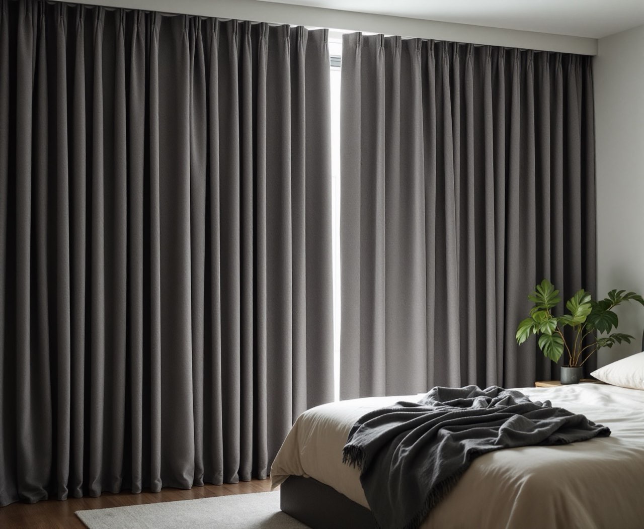 Blockout curtains drawn across a bedroom window for total darkness.
