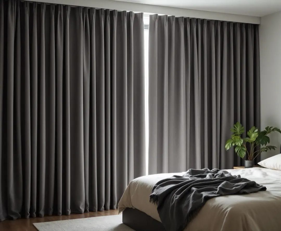 Blockout curtains drawn across a bedroom window for total darkness.