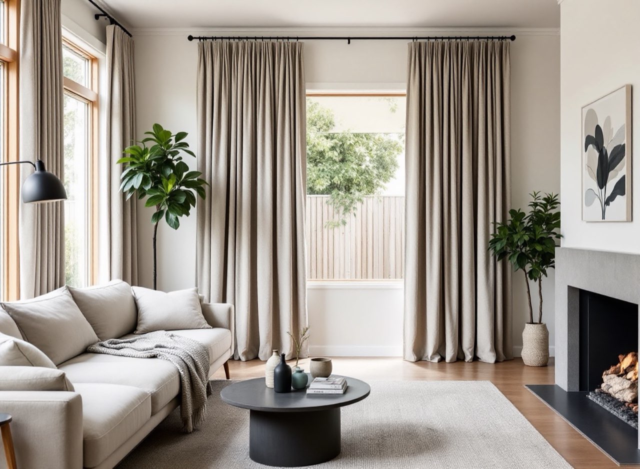 Natural linen-look drapes in a contemporary New Zealand interior.