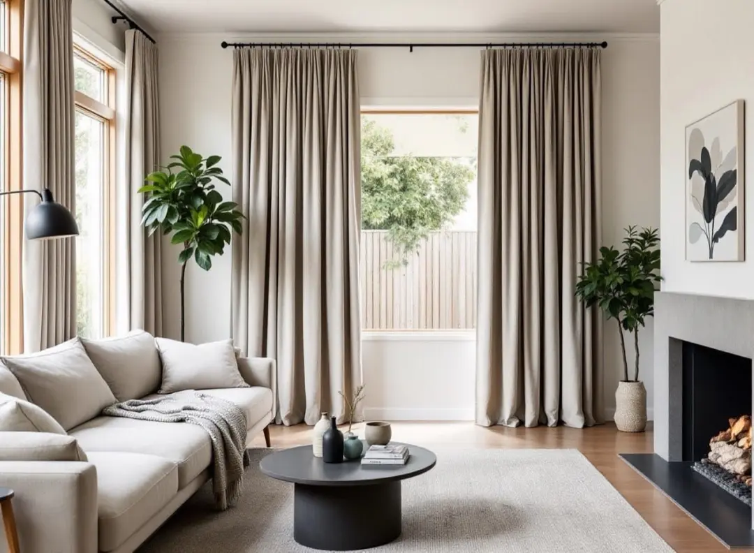 Natural linen-look drapes in a contemporary New Zealand interior.