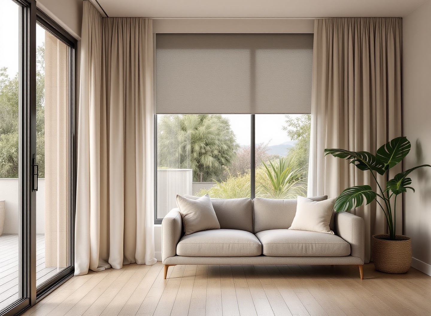 A New Zealand living room with premium blinds and curtains.