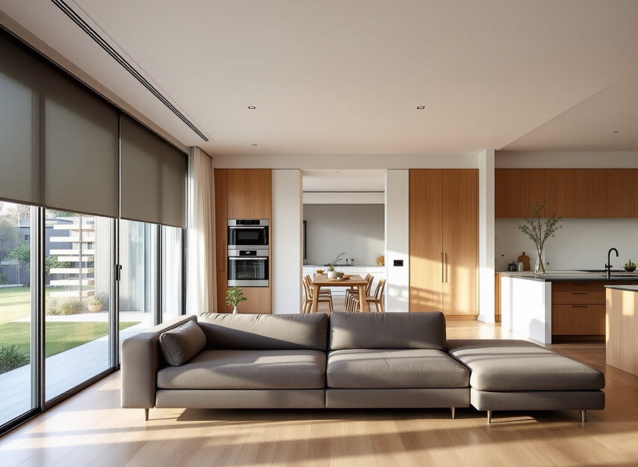 Modern NZ living room dressed with premium roller blinds.