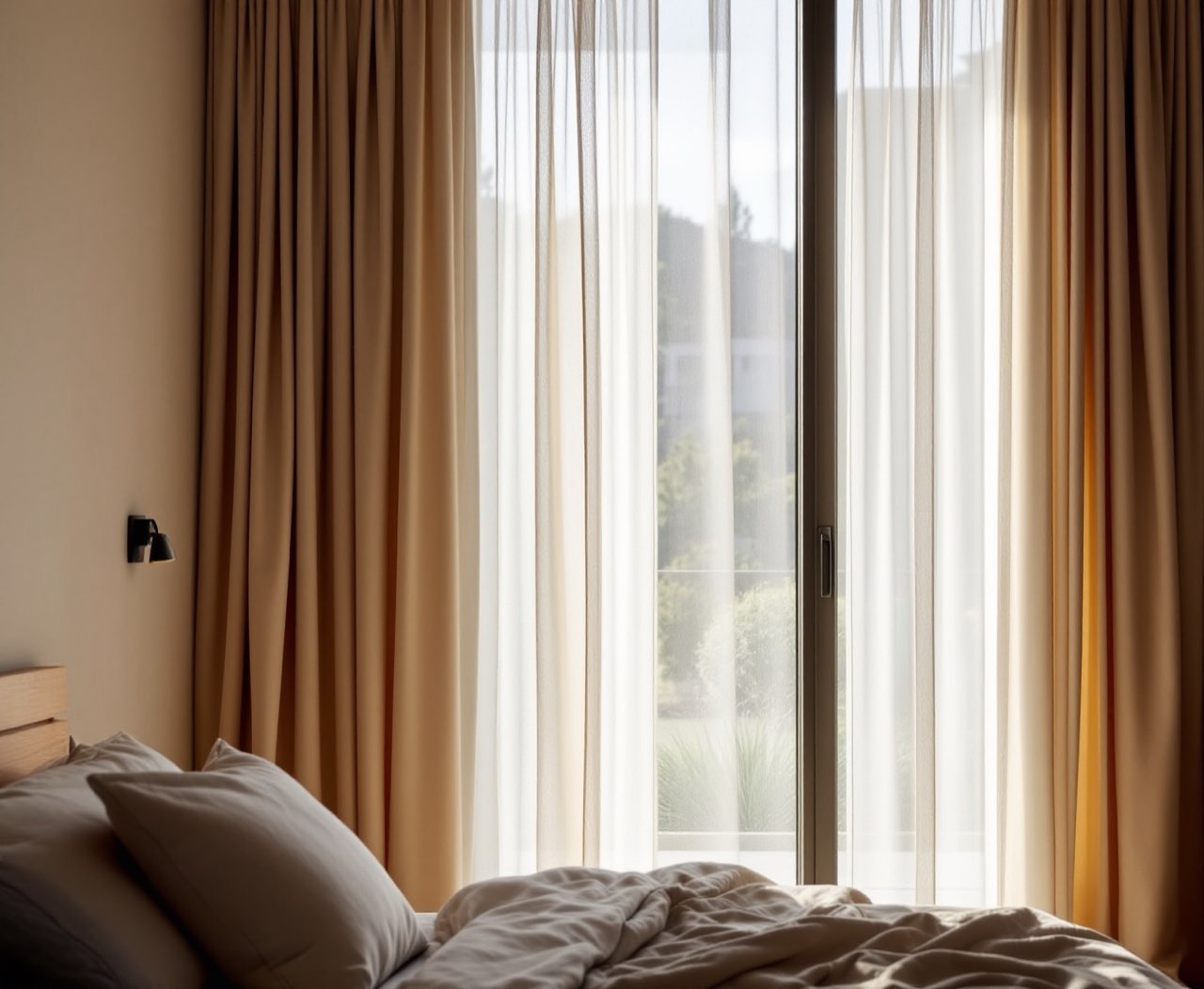 Sheer curtains in a tranquil New Zealand bedroom.