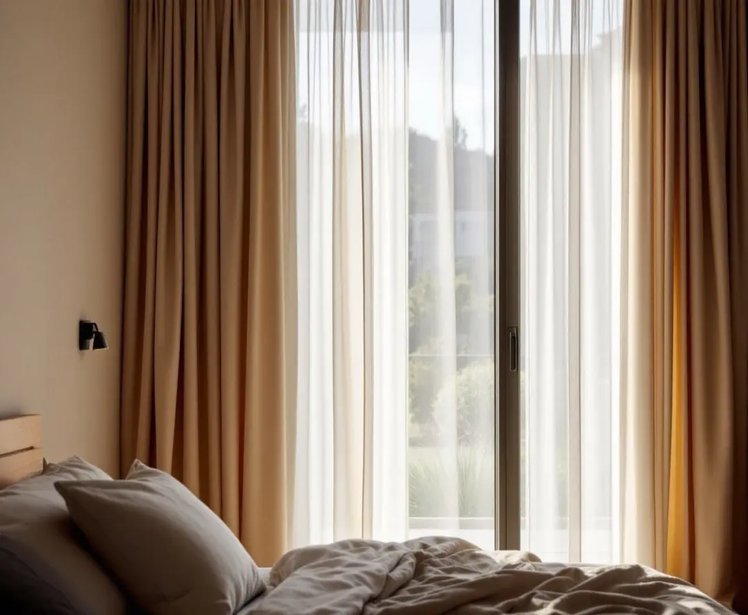 Sheer curtains in a calm New Zealand bedroom.