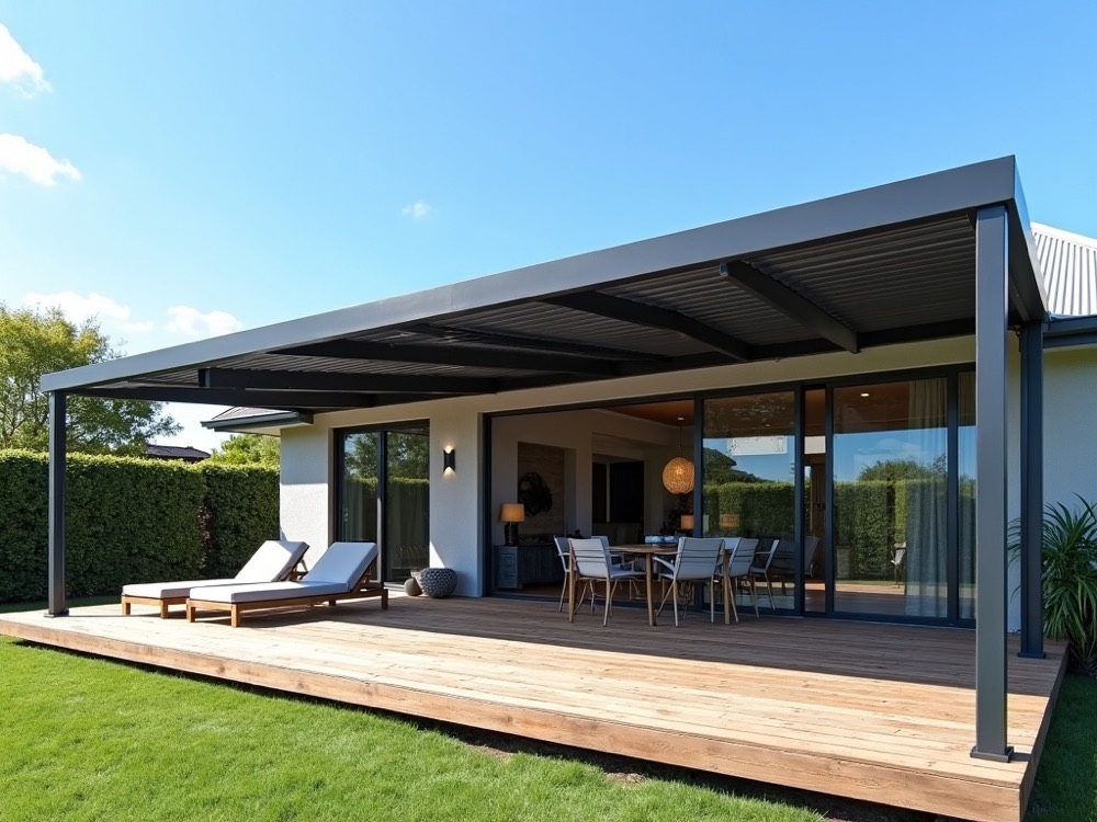 Wall-attached louvre-roof pergola extending over a timber deck off a modern home's sliding doors.