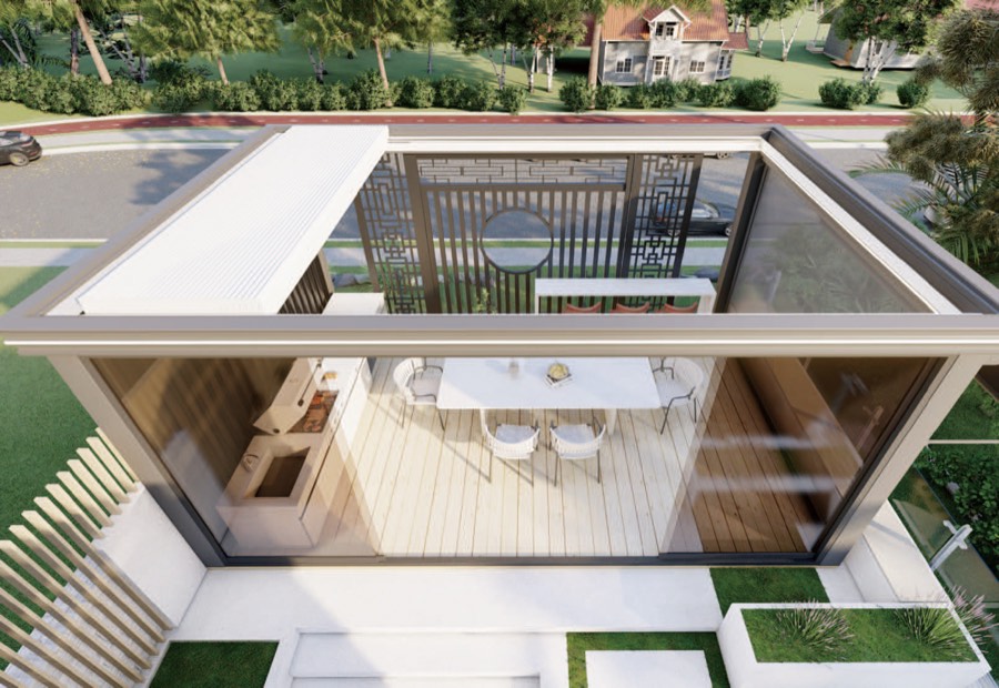 Wide-span louvre-roof pergola covering a large outdoor terrace.