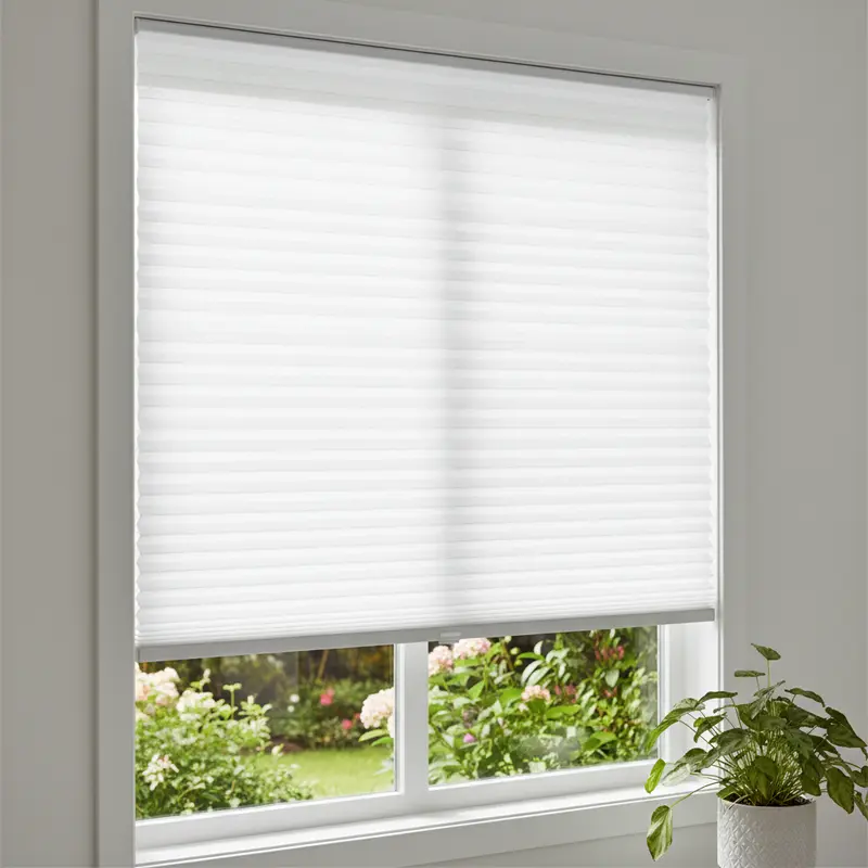 White honeycomb cellular blind lowered over a living-room window in a New Zealand home, with the garden visible below.