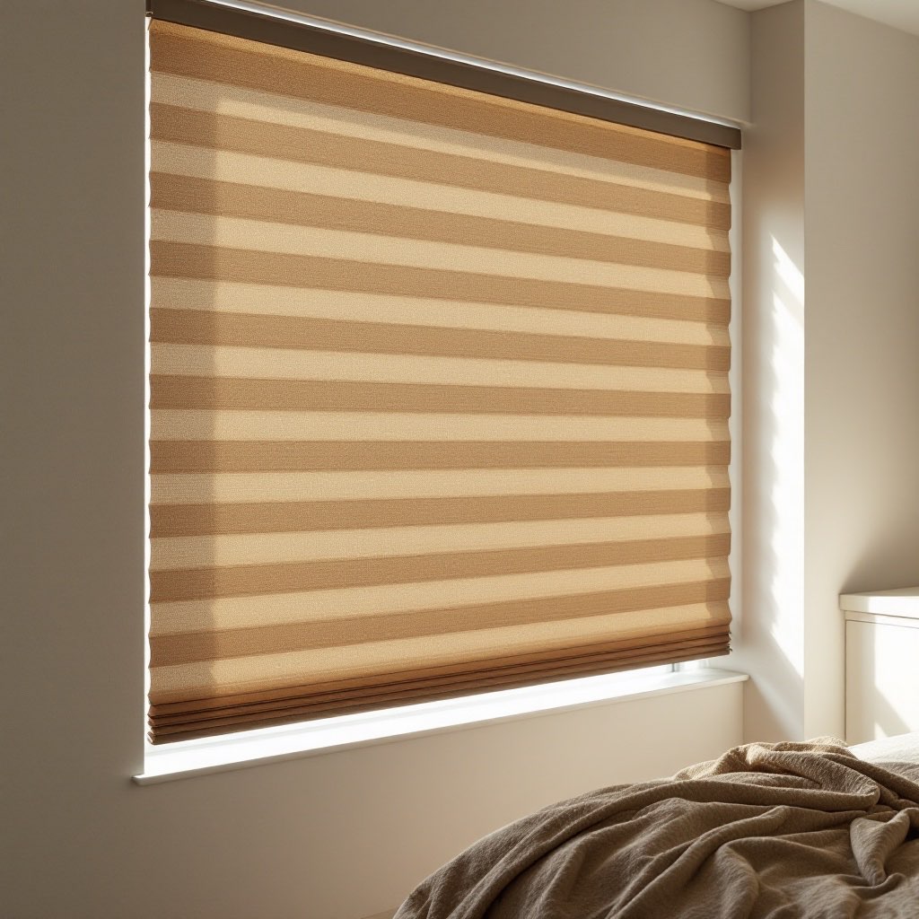 Coffee-toned honeycomb cellular blinds for thermal insulation.