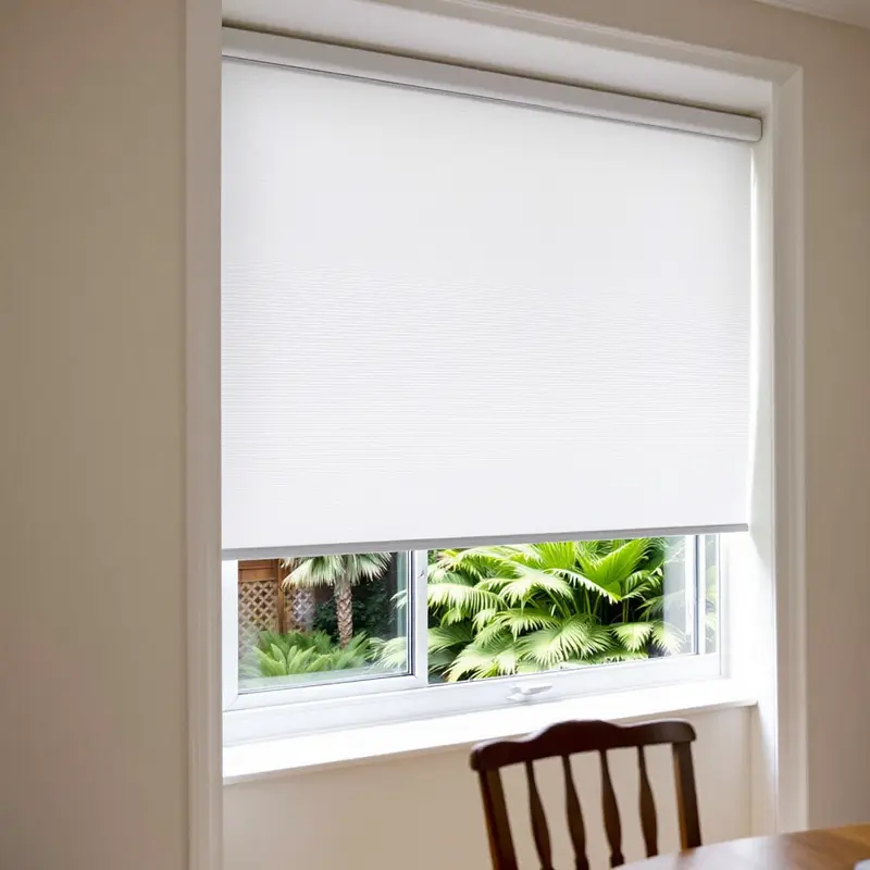 White honeycomb cellular blind lowered over a dining-room window in a New Zealand home.