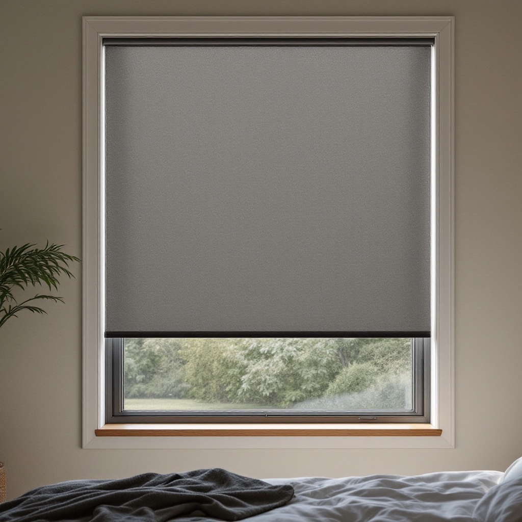 Blockout roller blinds in a darkened bedroom for total privacy.