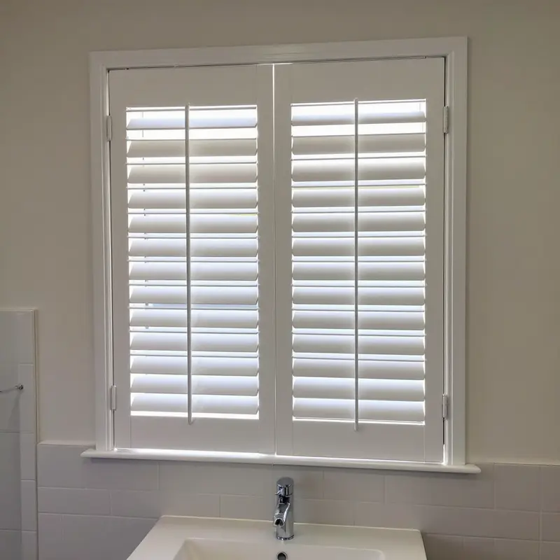 Moisture-resistant white plantation shutters above a bathroom vanity, louvres closed for privacy.