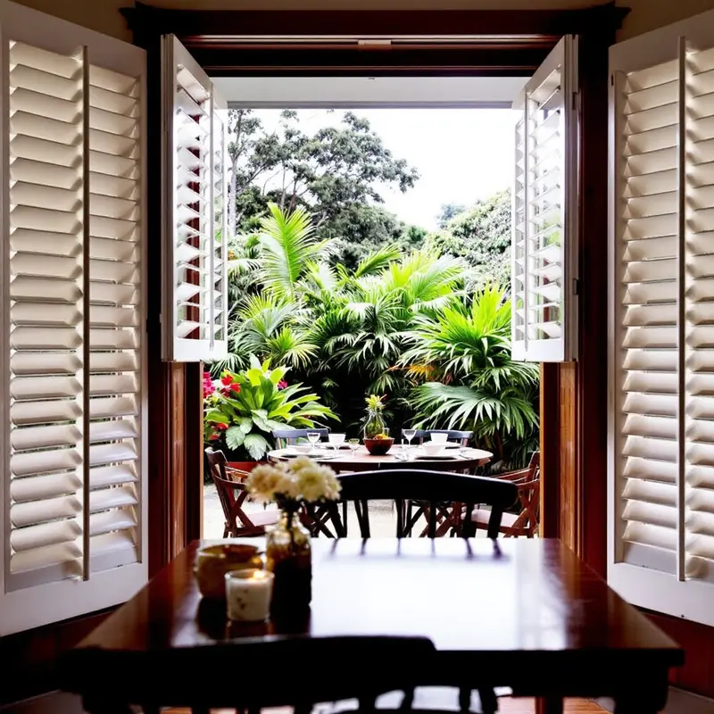 Full-height plantation shutters folded open onto a subtropical garden from a villa dining room.