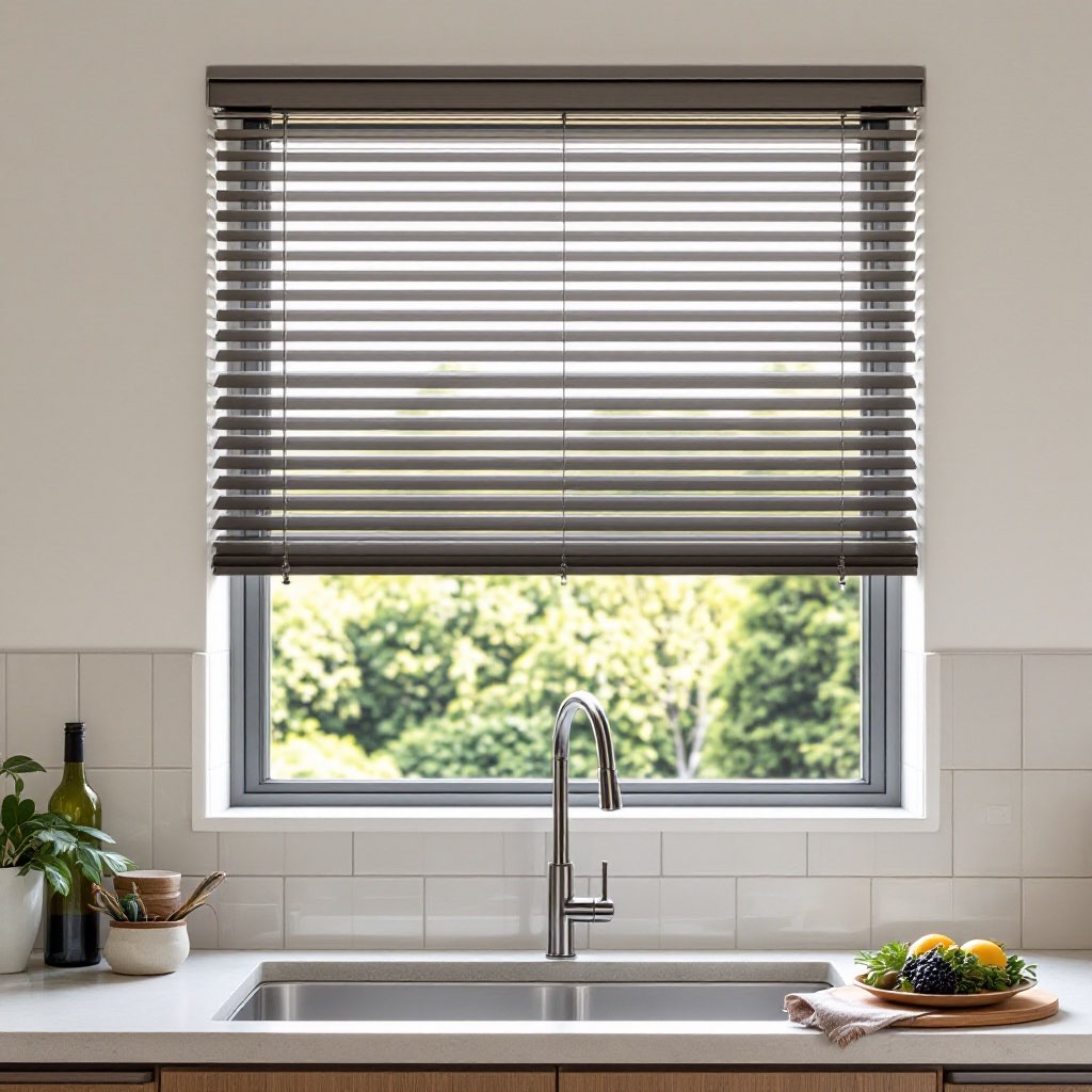 Aluminium Venetian blinds in a contemporary kitchen.