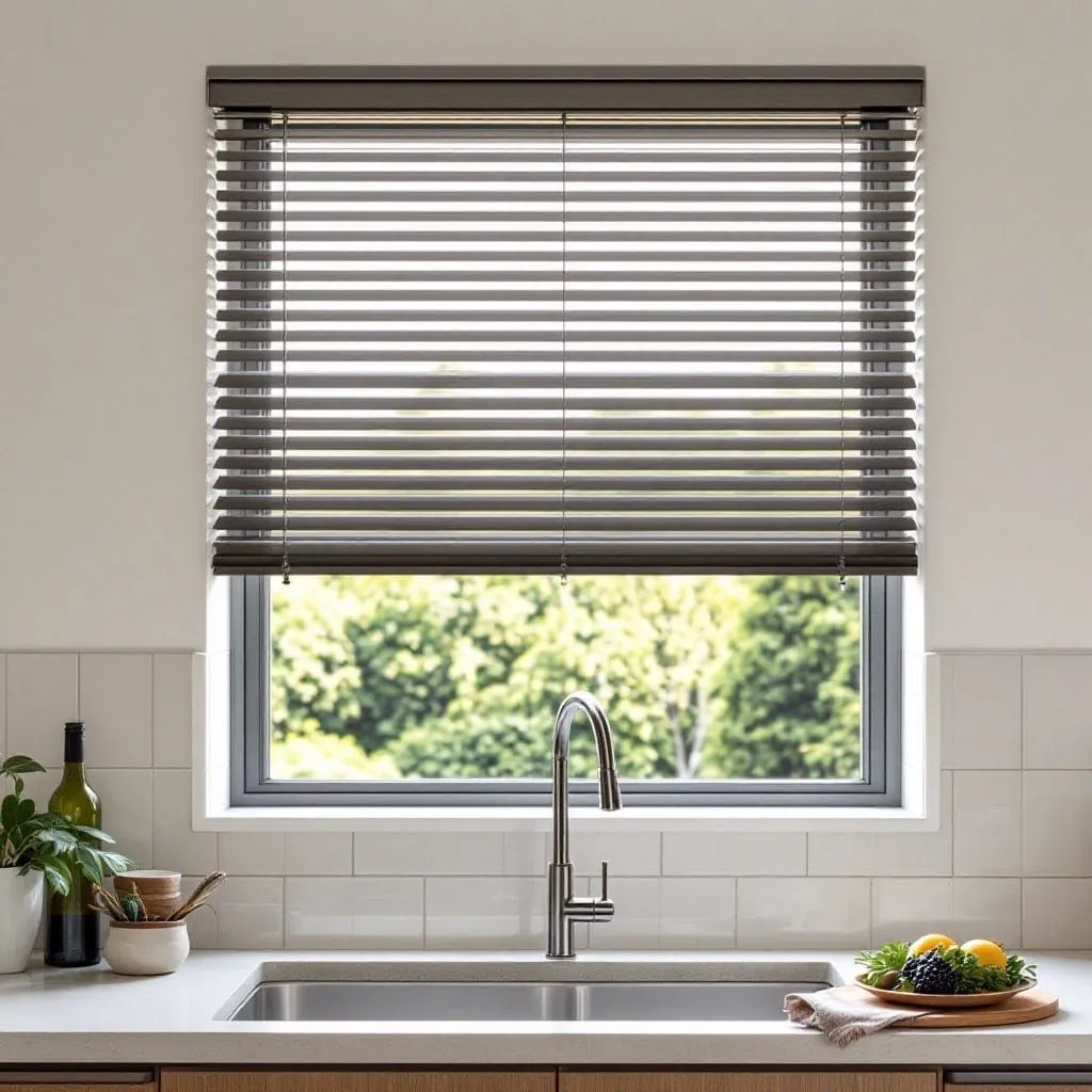 Aluminium Venetian blinds in a contemporary Auckland kitchen.