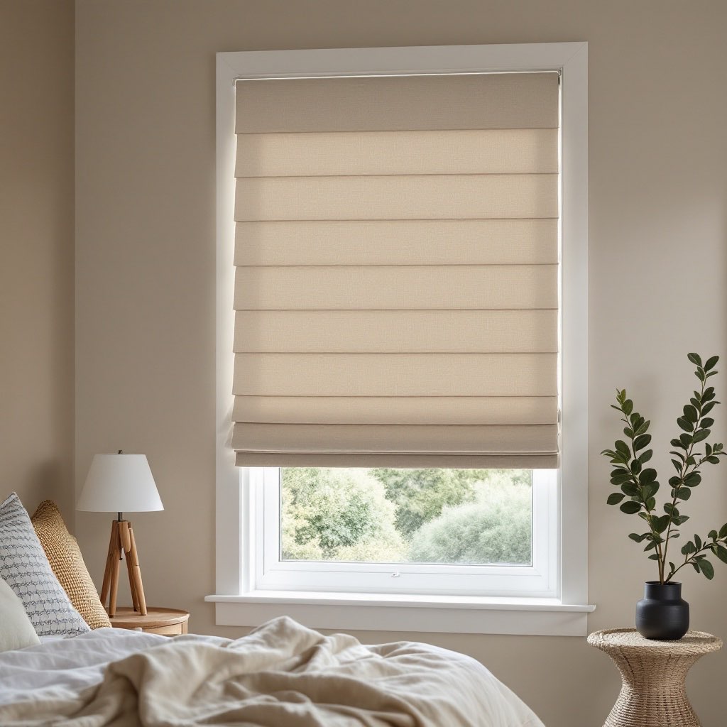 Cream-toned soft fabric blinds adding warmth to a bedroom.