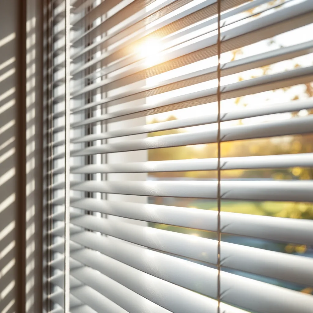 Venetian blind slats tilted to control afternoon light.