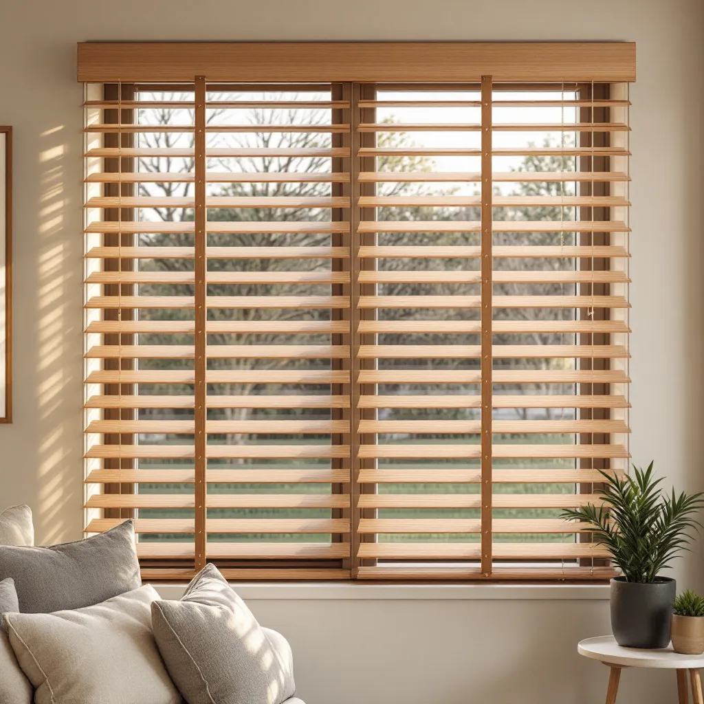 Warm wooden-look Venetian blinds in a cosy living room.