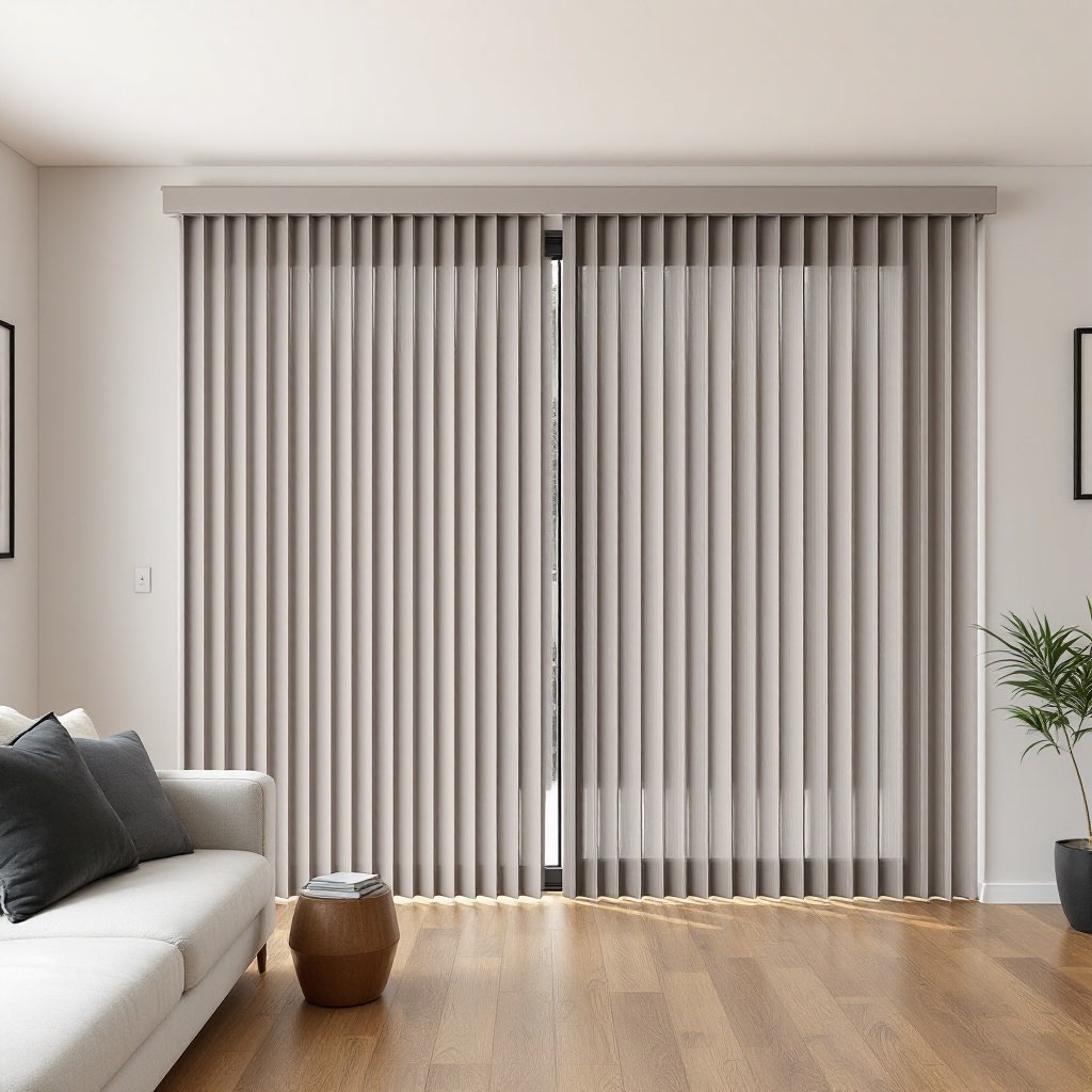 Grey vertical blinds across a wide sliding door.