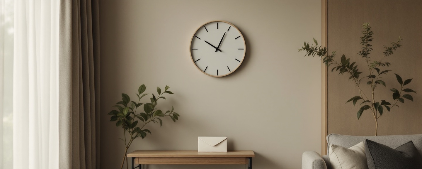 A modern wall clock above a side table with a quote envelope, in a warm Auckland interior.